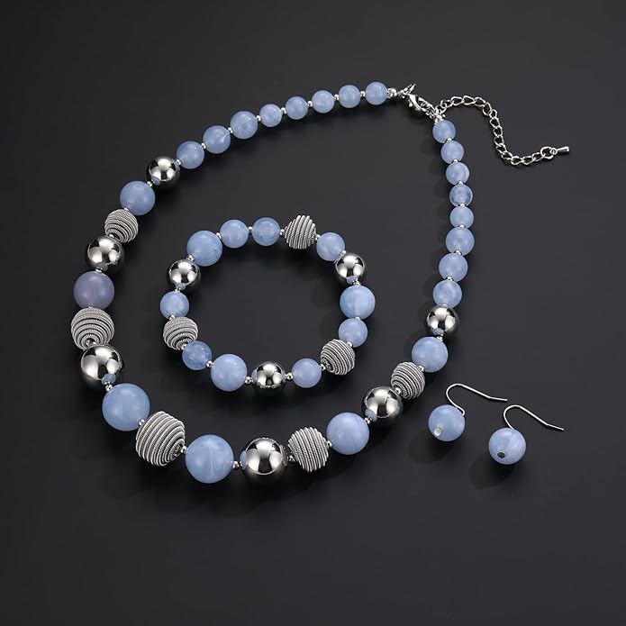 PEARL&CLUB Beaded Chunky Statement Necklace Earring and Bracelet Set Silver Metal Bead Fashion Jewelry Set Mothers’ Day Gifts for Women