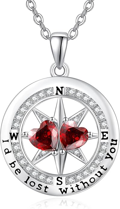 Compass Birthstones Necklace for Women, Exquisite Anniversary Birthday Gifts for Wife Her Double Birthstone Pendant jewelry ‘I'd be Lost Without You’