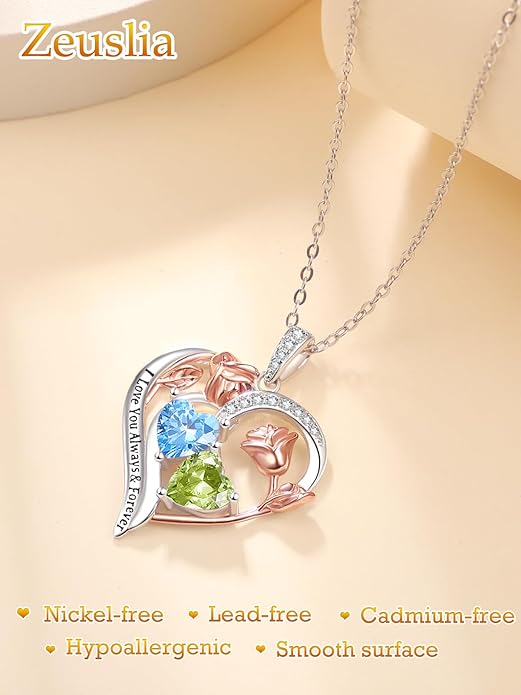 Zeuslia Double Birthstone Necklace Gifts for Wife - 925 Sterling Silver Sunflower/Rose/Crown Cross/Compass/Heart Pendant I Love You Necklace, Anniversary Birthday Gifts for Wife Girlfriend Mom Her
