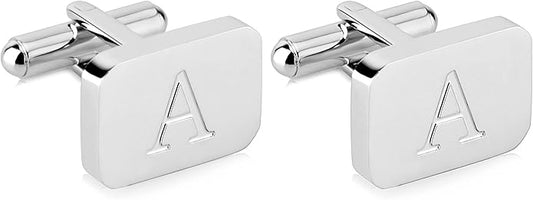 18K White-Gold Plated Initial Engraved Stainless Steel Men’s Cufflinks With Gift Box -Personalized Alphabet Letter’s A-Z By Lux & Pair