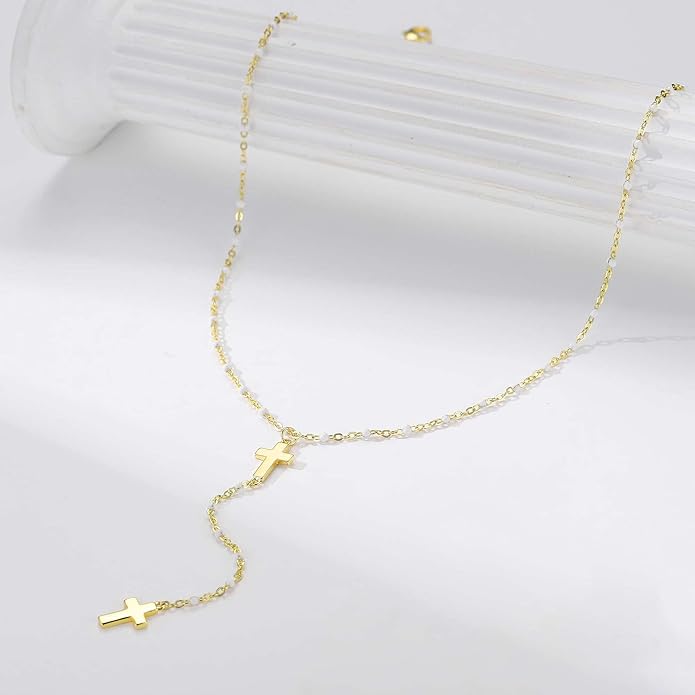 Ursteel Dainty Lariat Necklace for Women, 14K Gold Plated Y-Shaped Long Necklace Layered Drop Necklaces Pearl Cross Clover CZ Charm Necklaces for Women Christmas Jewelry Gifts Stocking Stuffers
