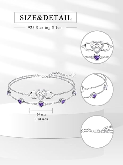 Dorunmo 925 Sterling Silver Infinity Heart Birthstone Anklet Bracelets for Women Best Mother's Day Birthday Jewelry for Wife Girlfriend Mom Her