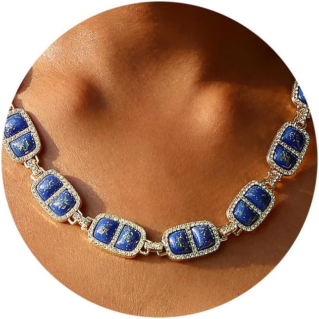 Chunky Necklace for Women 12 Colors Diamond Stone Gold Statement Necklace for Women Full Trendy Blue Birthstone Choker Necklace for Women Square Design Necklace Jewelry