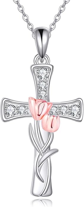 Tulip Sunflower Rose Lily of the Valley Sterling Silver Flower Heart Pendant Necklace Gifts for Women Mother Flower Lover
