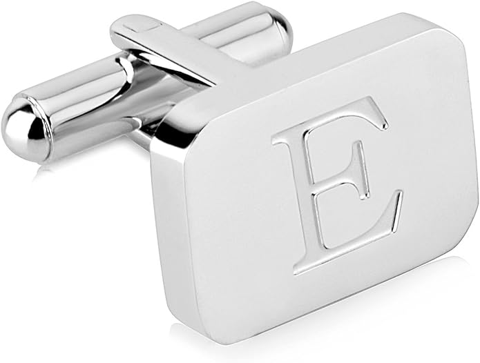 18K White-Gold Plated Initial Engraved Stainless Steel Men’s Cufflinks With Gift Box -Personalized Alphabet Letter’s A-Z By Lux & Pair