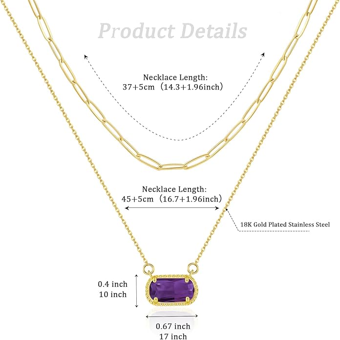 Lourny Gemstone Birthstone Pendant Layered Necklace for Women Trendy, 18K Gold Plated Paperclip Chain Preppy Choker Charm Necklace for Women Wife Jewelry