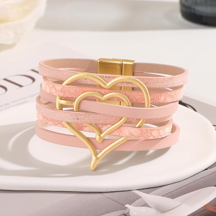 Edoneery Leather Wrap Bracelet for Women, Boho Handmade Multi-Layer Cuff with Crystal Beads Heart, Stackable Bangle Western Jewelry Gift