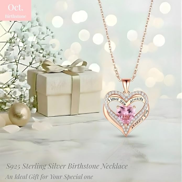 Birthstone Heart Necklace for Women Wife Girlfriend Mom Daughter Gifts S925 Silver Jewelry For Anniversary Rose Gold Gifts For Birthday Christmas Mothers Valentines Day