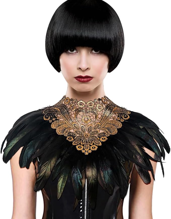 L'VOW Real Black Feather Harness Lace Collar Necklace Bib Halloween
