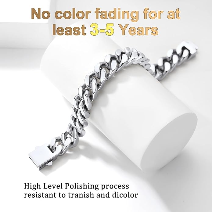 Bestyle Thick Mens Cuban Link Chain Bracelets, Durable Real 18K Gold/Black Metal Plated Solid Stainless Steel Hand Chain Cuban Bracelets for Men, Silver Black Gold Bracelets for Father Husband