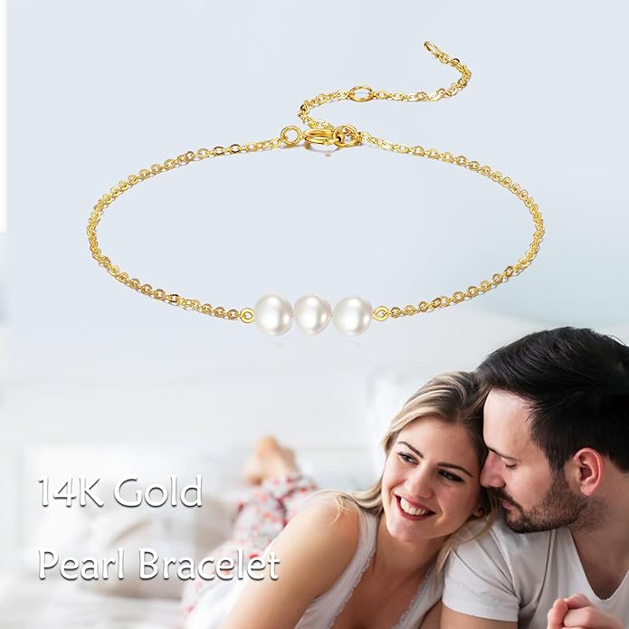 KECHO 14K Real Gold Freshwater Cultured Pearl Bracelet 14K Solid Gold Jewelry Anniversary Birthday Gift for Women