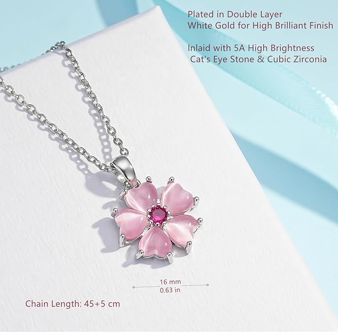 VONSSY Elegant Cherry Blossom Necklace Earrings Pink Cats Eye Flower Flora Sakura Gemstone Crystal Pendant 18k Gold Plated Chain Jewelry Set Gift for Woman Wife Girlfriend