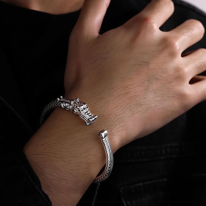 Kim Carrey S925 Sterling Silver Bracelet, Open Bangle Cuff Design, Men's Stacked Bracelets Gift Jewelry for My Man