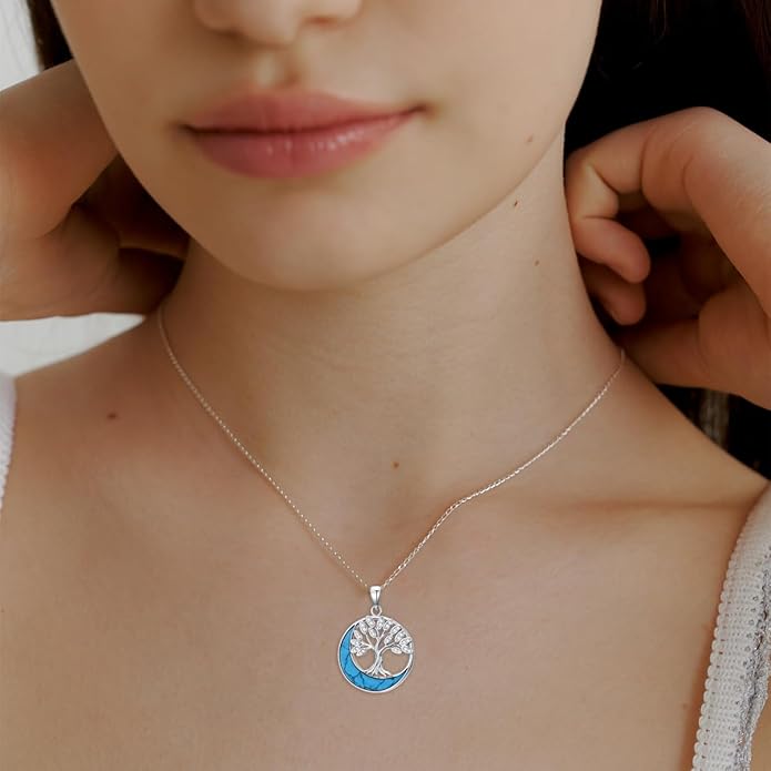 SELKAT 925 Sterling Silver Turquoise Moon Pendant Necklace for Women, Snake/Flower/Bow/Tree of Life/Star Moon Necklace, Dainty Jewelry for Daily Wear & Gifts