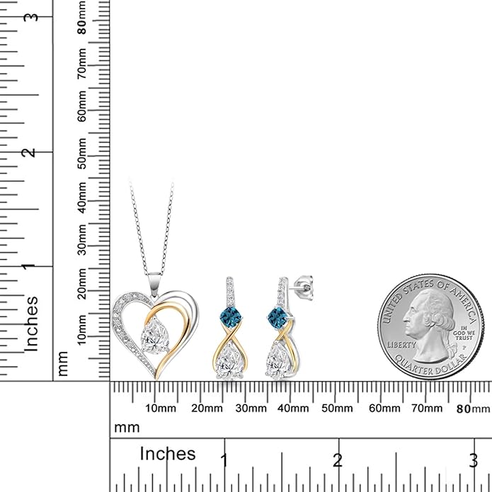 925 Silver and 10K Yellow Gold IGI Certified Lab Grown Diamond and Gemstone Birthstone Heart Pendant Necklace Earrings Set | Pear 8X6MM, Cushion 4MM | Two-Tone Fine Jewelry for Women | 18 Inch Chain