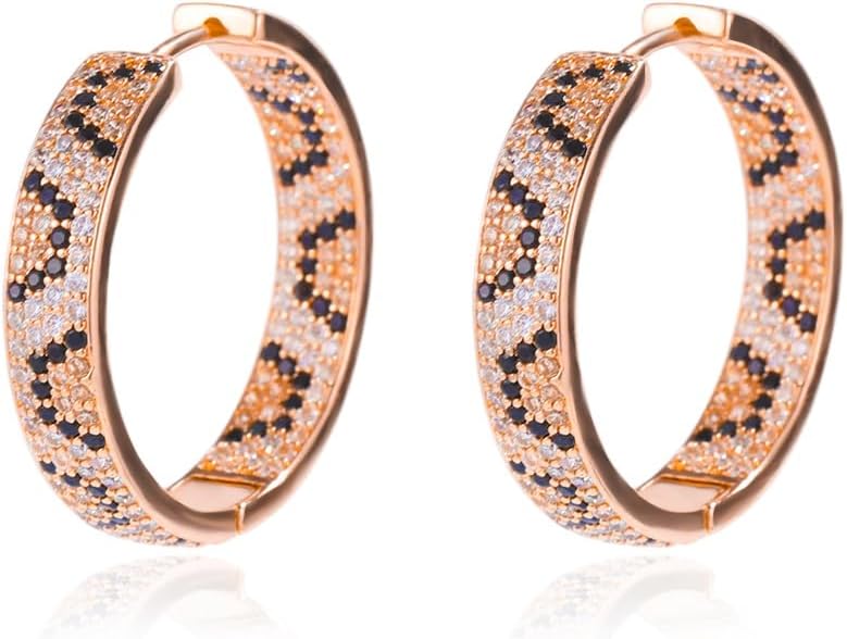 Rose Gold Hoop Earrings for Women, 925 Silver-Plated Thickened Hypoallergenic Earrings, CZ Black Gemstone-Inlaid Earrings - Women's Fashion Jewelry