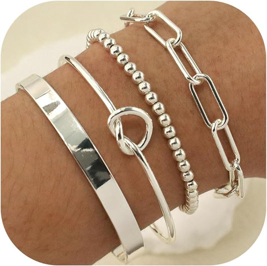 Reoxvo Gold Plated Bangle Cuff Bracelets for Women Non Tarnish Gold Bracelet Stack Jewelry Set for Women Trendy