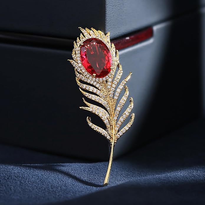 14K Gold Feather Brooch Pin with Moissanite Inlay - Elegant Coat and Suit Accessory for Women, Fashionable Business Attire Enhancement