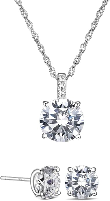 925 Sterling Silver Cubic Zirconia Necklace and Earrings Set for Women, Heart, Cushion, Round, Emerald Cut CZ, Solitaire Bezel Jewelry Set, CZ Bridal Jewelry Set, Bridesmaid Gift