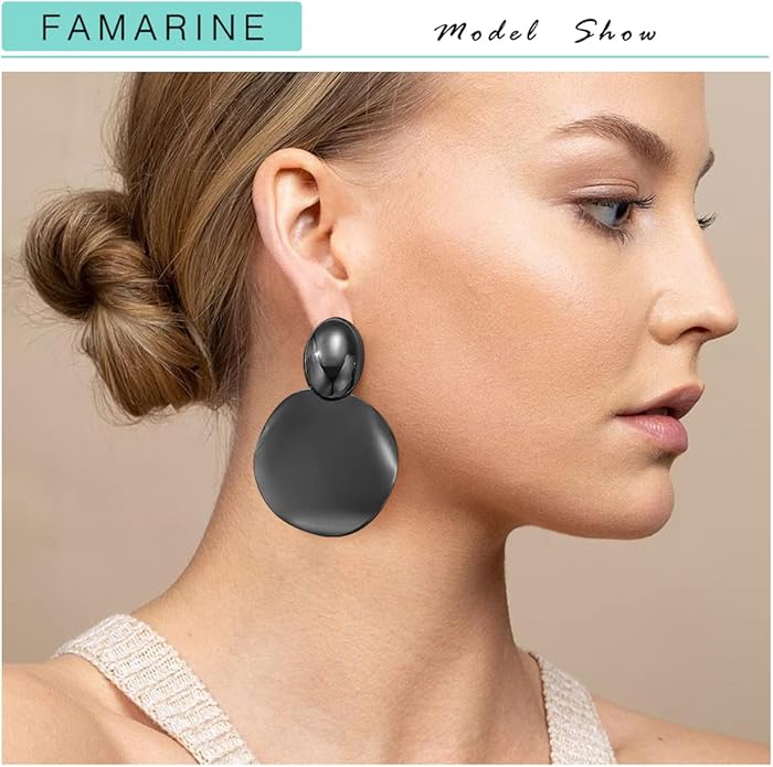FAMARINE Big Disc Drop Earrings Gold Dangle Earrings Round Hammered Earrings Women