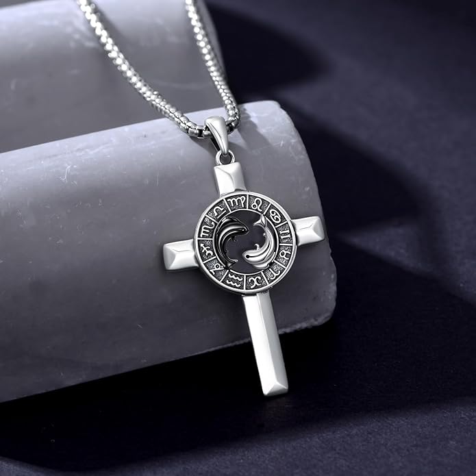 MEIDERBO Cross Zodiac Necklace 925 Sterling Silver 12 Constellation Horoscope Astrology Pendant Necklace Zodiac Sign Jewelry Gifts for Men Women