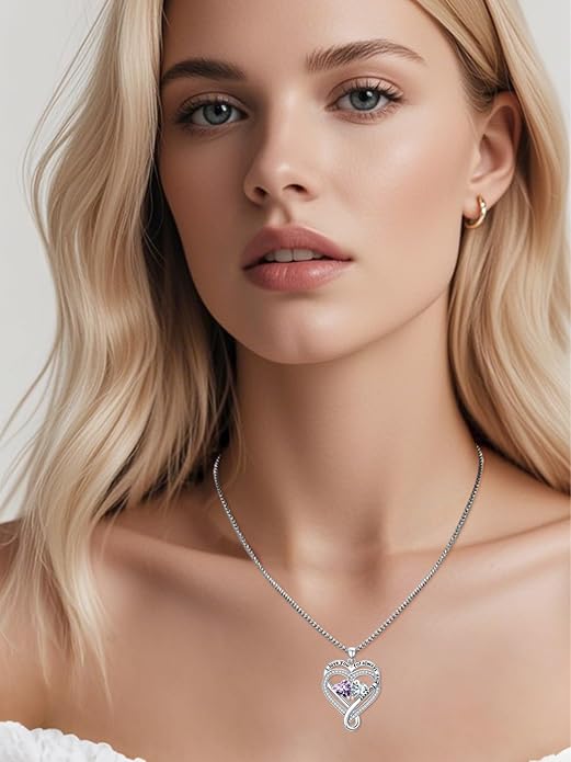 I Love You for Awlays and Forever Double Heart Necklace with Birthstone, 2 Birth Stone Jewelry Anniversary Valentines Mothers Day Christmas Birthday Gifts for Women Her Wife Girlfriend Mom Mother