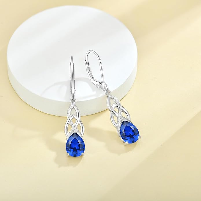 JO WISDOM Women Celtic Knot Infinity Dangle Earrings for Women Sterling Silver 7 * 9mm Birthstone Irish Twisting Drop Earrings Jewelry for Women