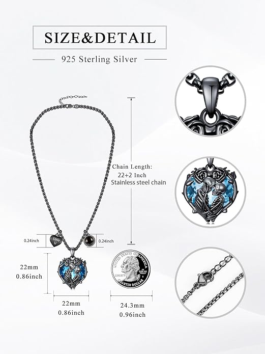 Flpruy 925 Sterling Silver Black Gothic Jewelry Gifts Skeleton Couple Pendant Crystal Birthstone Heart Necklace Punk Romantic Jewelry for Lover Men Women