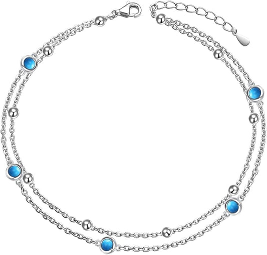 FLYOW Anklet for Women S925 Sterling Silver Adjustable Foot Beaded Heart Charm Ankle Bracelet Anklets Jewelry