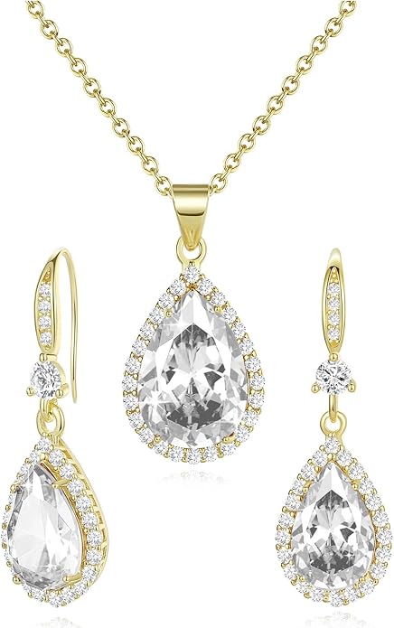 Sumonyo Women Jewelry Set Silver/Gold Plated Teardrop Pendant Necklace Dangle Drop Earrings Dangling Sets Birthstone Crystals Rhinestone,Birthday Anniversary Wedding Mother’s Day Gifts for Women