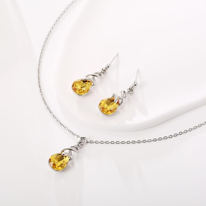 RUOFFETA Teardrop Crystal Jewelry Set, Birthstone Pendant Necklace Drop Dangle Earrings for Women