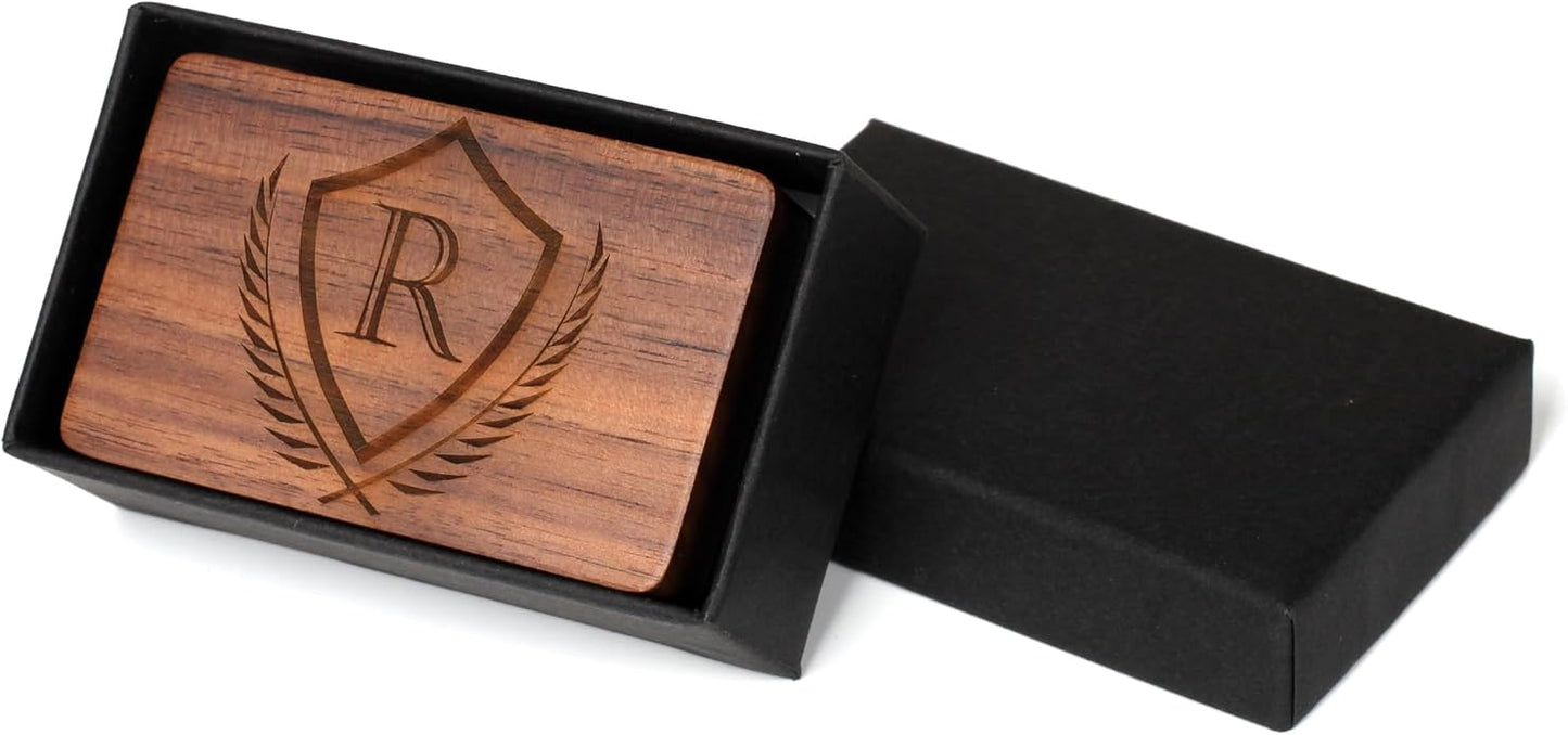 Mens Initial Cufflinks and Tie Clip A-Z Alphabet Letter Black Stainless Cuff Links Tie Bar with Engraved Walnut Wood Box Groom Groomsman Wedding Set