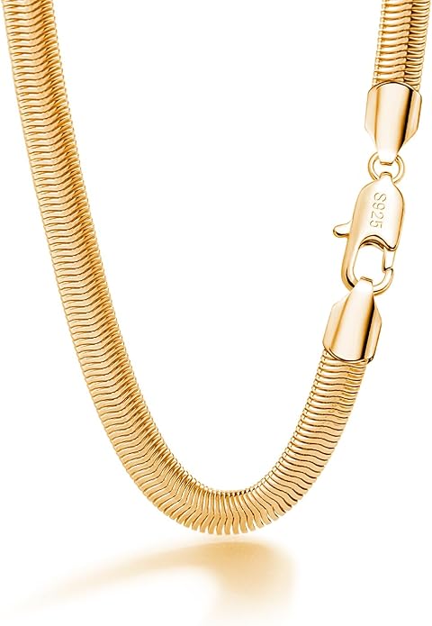 Dankadi Men 925 Sterling Silver Necklace Italian 6MM-8MM Flexible Flat Snake Chain Choker 16-30 Inch 24K Gold plated Fine Jewelry Gifts for Women