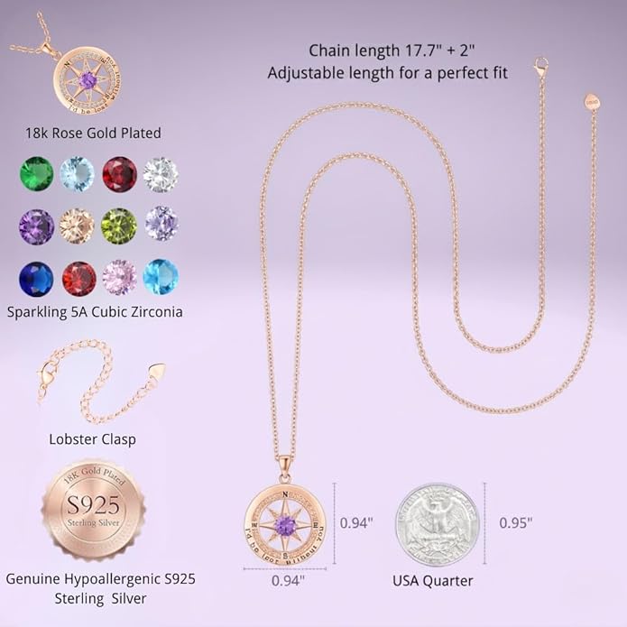 Compass Necklace for Women Wife Girlfriend Mom Daughter Gifts S925 Silver Jewelry For Anniversary Rose Gold Gifts For Birthday Christmas Mothers Valentines Day 12 Birthstones