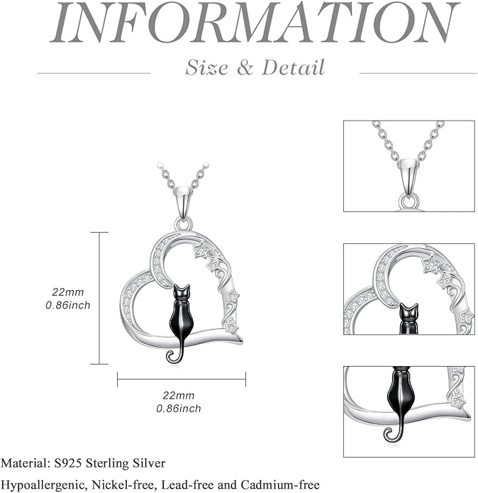 Cat Gifts for Women 925 Sterling Silver Heart Moon Cat Necklace Pendant Women Jewelry Halloween Christmas Gifts