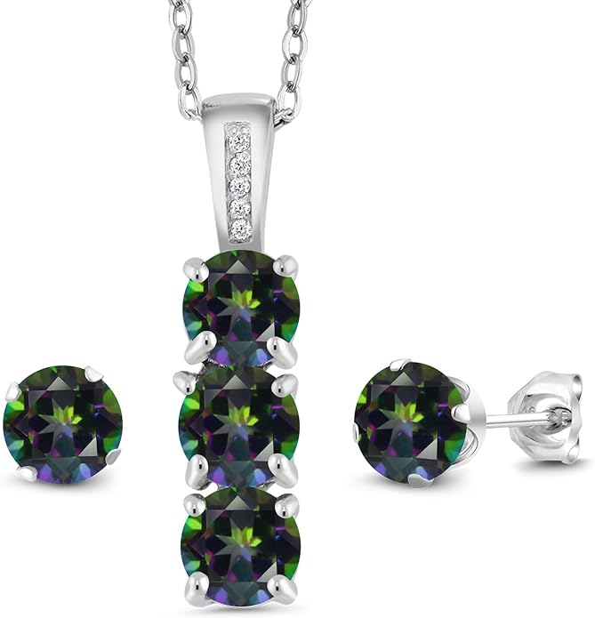 Gem Stone King 925 Sterling Silver 5MM Gemstone Birthstone and White Diamond 3-Stone Pendant and Earrings Jewelry Set For Women | With 18 Inch Chain