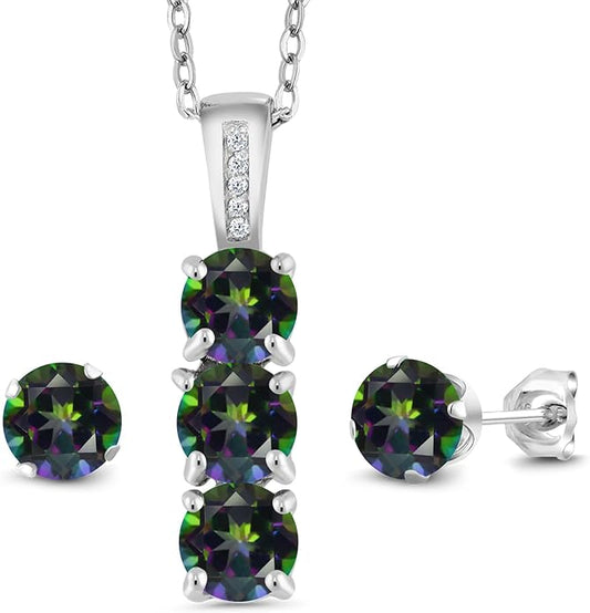 Gem Stone King 925 Sterling Silver 5MM Gemstone Birthstone and White Diamond 3-Stone Pendant and Earrings Jewelry Set For Women | With 18 Inch Chain