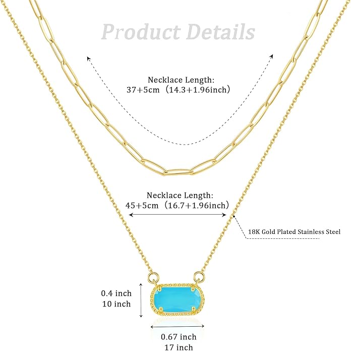 Lourny Gemstone Birthstone Pendant Layered Necklace for Women Trendy, 18K Gold Plated Paperclip Chain Preppy Choker Charm Necklace for Women Wife Jewelry