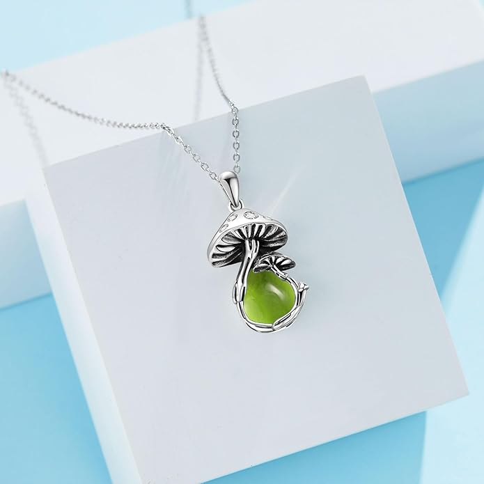 YAFEINI Mushroom Necklace Moonstone/Moss Agate/Malachite/Labradorite/Turquoise/Amber/Larimar/Black Onyx/Lapis Lazuli/Peridot/Opal Sterling Silver Mushroom Pendant Mother's Day Jewelry for Women Mom