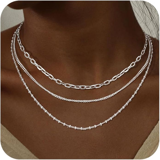 Gold/Silver Necklaces Stack For Women, 14K Gold/Sterling Silver Plated Layered Choker Necklace Set, Stackable Multilayer Simple Cuban Snake Paperclip Chain Set Jewelry Gift for Women