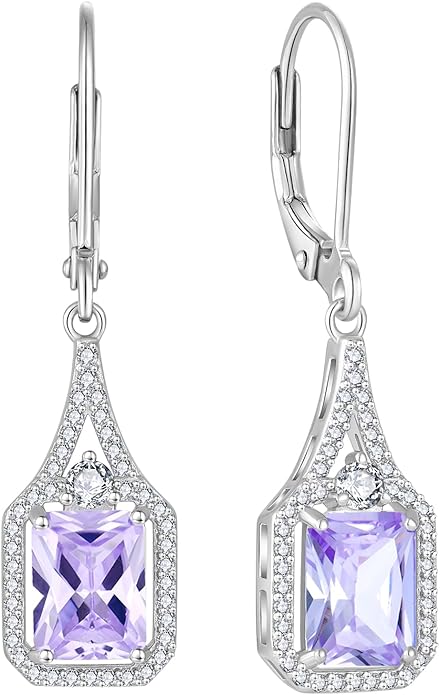 Emerald Cut Dangle Drop Earrings 925 Sterling Silver Halo Rectangular Leverback Earrings Birthstone Jewelry for Women