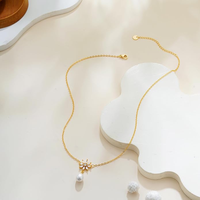 Gold Pearl Necklaces for Women Trendy, 14K Gold Plated Dainty Necklace Simple Layered Pearl Necklaces for Women Trendy Wedding Birthday Jewelry