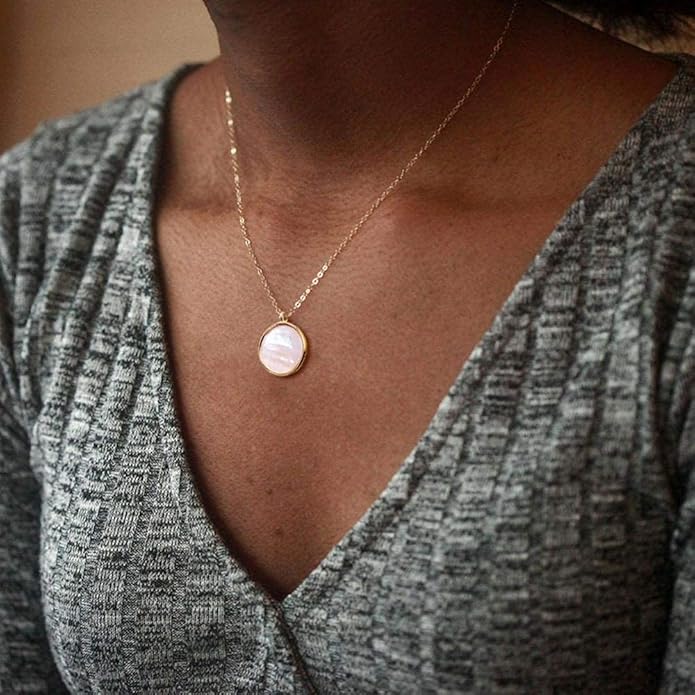 Dainty 14k Gold Plated Mother of Pearl Shell Pendant Necklaces | Cute Round Shell Pendant Necklaces for Women Girls
