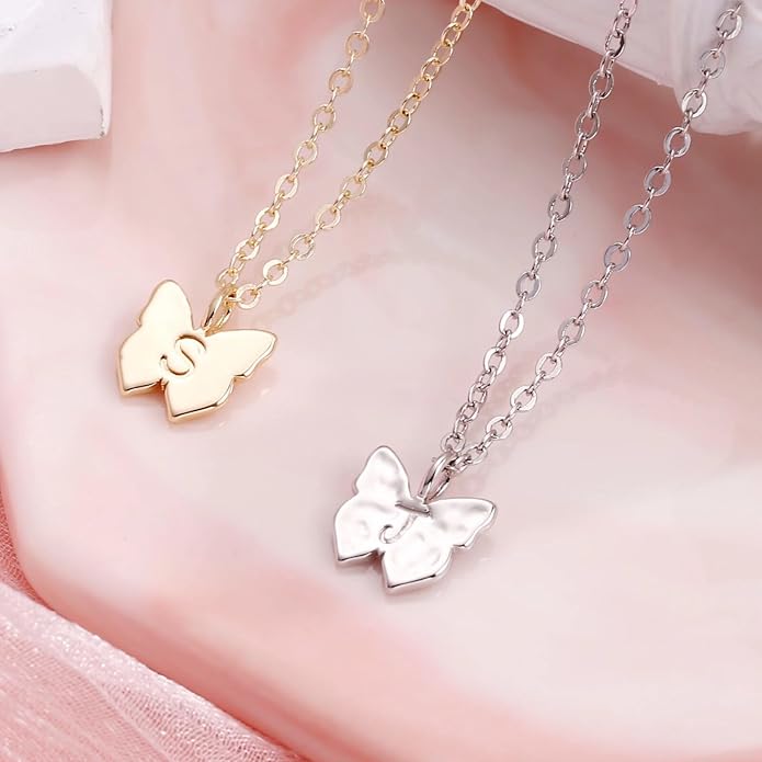 Hidepoo Initial Butterfly Necklace for Girls Gifts, 14K Gold/Silver/Rose Gold Filled Dainty Butterfly Pendant Choker Necklace Initial Butterfly Necklace Birthday Gifts for Girls