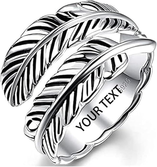 Sterling Silver Feather Ring with Black Onyx & Turquoise - Adjustable Stacking Vintage Statement Ring for Women & Men