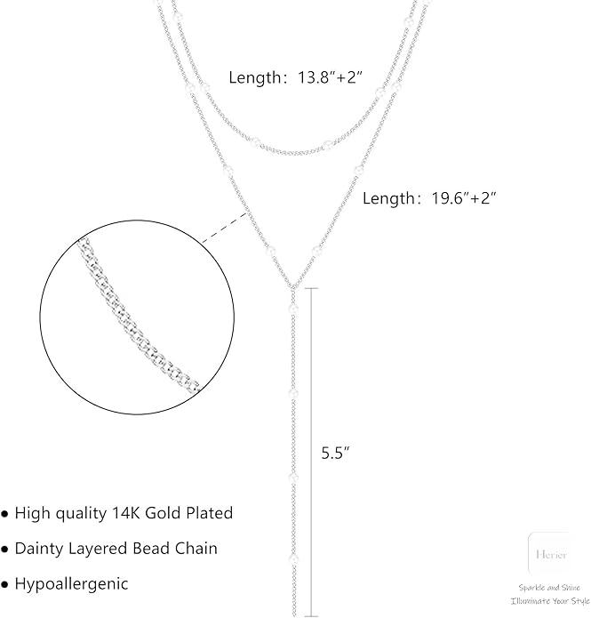 Lariat Gold Necklace for Women, Dainty Long Necklace 14k Gold Plated/Silver Y-Shaped Layered Beaded Chain Drop Necklaces for Women Trendy Simple Gold Jewelry for Women Gifts