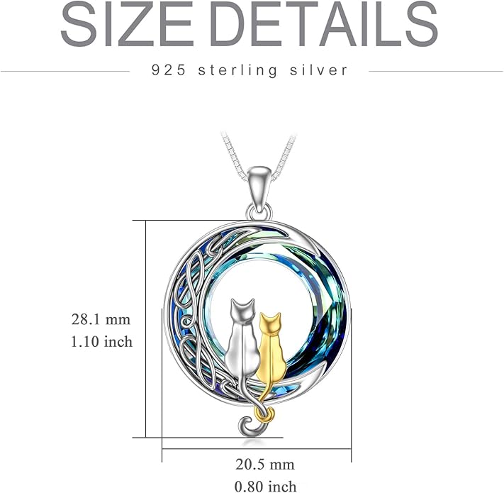 TOUPOP Christmas Cat Gifts for Cats Lovers One Two Three Four Cats Necklace Sterling Silver Cats on the Moon Pendant Necklace with Blue Circle Crystal Birthday Christmas Celtic Jewelry Gifts for Women