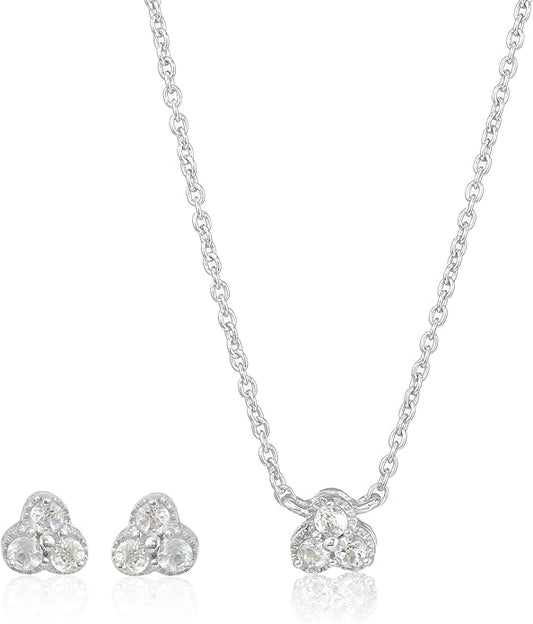 DEVSHINE 925 Sterling Silver Cluster Pendant & Earring Set with 2.5mm Round Natural Gemstones – Dainty Floral Design, Chain Included – Citrine, Rhodolite Garnet, Amethyst, Red Garnet & Sky Blue Topaz, 14K Gold & Rhodium Plating – Gift for Women