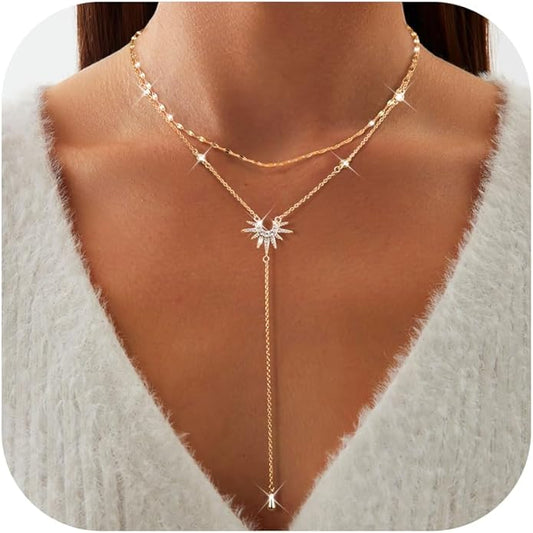 Dochais Dainty Gold Layered Necklace for Women, 14K Gold Plated Y Necklace & Chain, Dainty Lariat Long Necklaces, Trendy Cubic Zirconia Choker, Sun, Heart, Pearl & Cross Pendant Necklace, Jewelry Gift