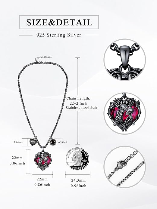 Flpruy 925 Sterling Silver Black Gothic Jewelry Gifts Skeleton Couple Pendant Crystal Birthstone Heart Necklace Punk Romantic Jewelry for Lover Men Women
